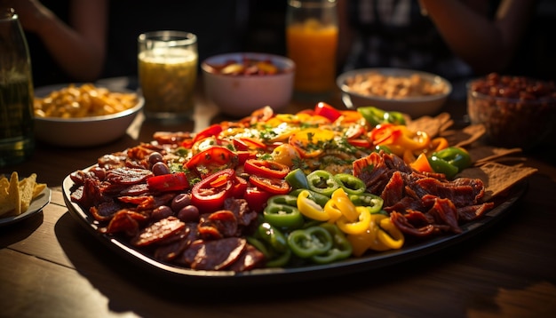 Carne e verdure fresche alla griglia su un tavolo di legno all'aperto generato dall'intelligenza artificiale