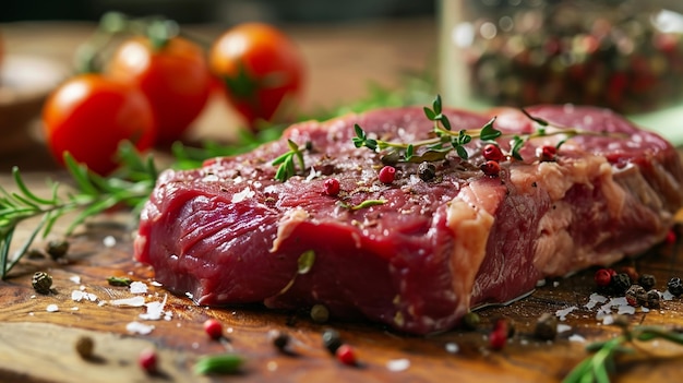Carne fresca con ingredienti per la cottura su tavolo oscuro focalizzazione selettiva IA generativa
