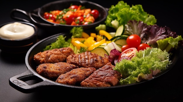 carne fritta con verdure in padella, insalata e snack