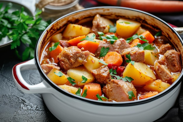 Carne in umido con patate, carote e spezie in pentola su fondo di legno