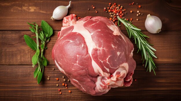 Carne intera di spalla di agnello cruda con menta all'aglio