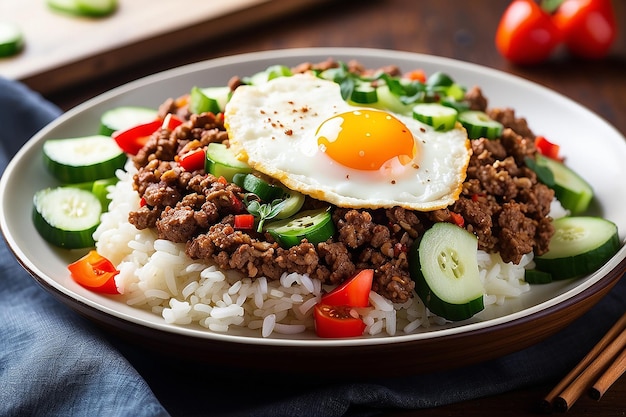 Carne macinata piccante su riso con peperoncino fresco e aglio, pepe, foglia di basilico, uova fritte e cetriolo.