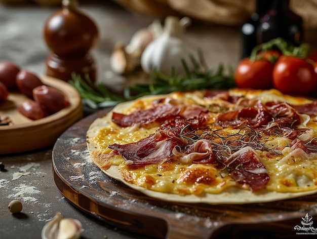 Carne secca italiana pizza italiana con erbe mortadella e pomodori su piatto di legno