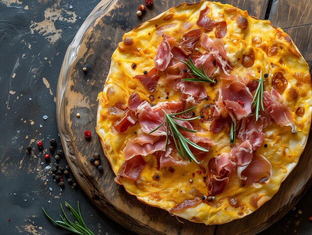 Carne secca italiana pizza italiana con erbe mortadella e pomodori su piatto di legno