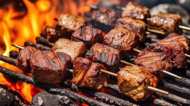 carne su BBQ bruciando carbone sullo sfondo