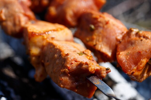 Carne succosa allo spiedo. Friggere gli spiedini all'aria aperta. Picnic pomeridiano estivo