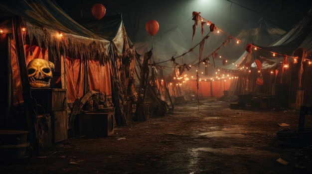 Carnevale abbandonato vintage con un aspetto inquietante Concetto di Halloween per organizzatori di carnevale inquietanti Festa a tema circense