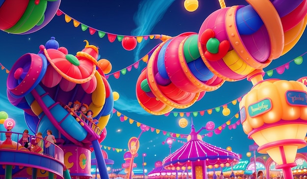 Carnevale della Giornata Mondiale del Sorriso in una vivace zona fieristica con luci al neon luminose che illuminano la notte