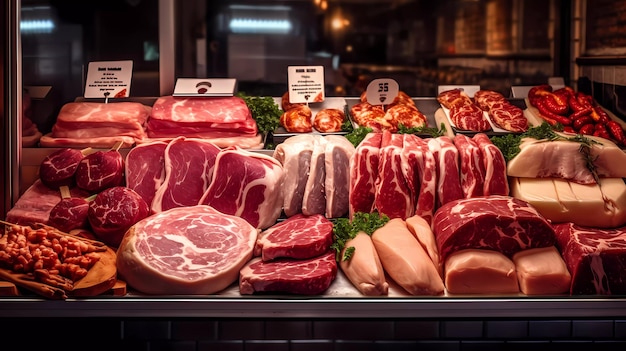 Carni e carni sono esposte in una macelleria.