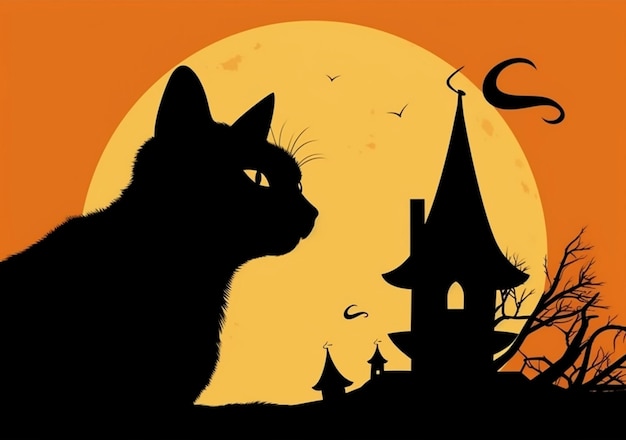 Caro gatto nero dei cartoni animati con cappello da strega sfondo di Halloween felicità Samhain biglietto di auguri AI generativa