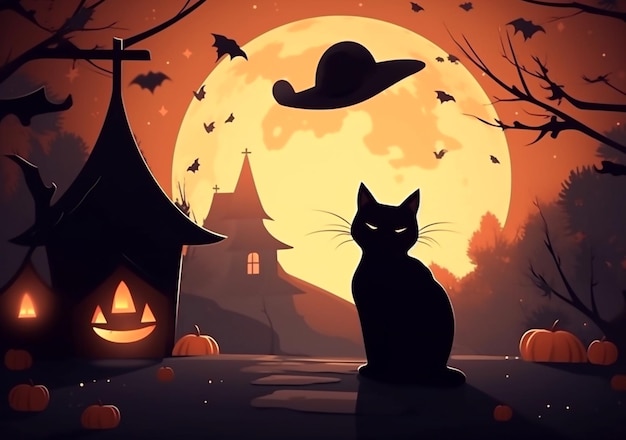 Caro gatto nero dei cartoni animati con cappello da strega sfondo di Halloween felicità Samhain biglietto di auguri AI generativa