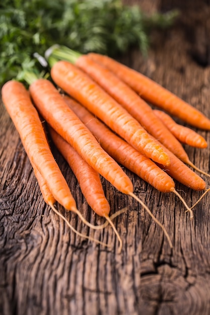 Carota. Carote fresche sulla tavola di quercia rustica.