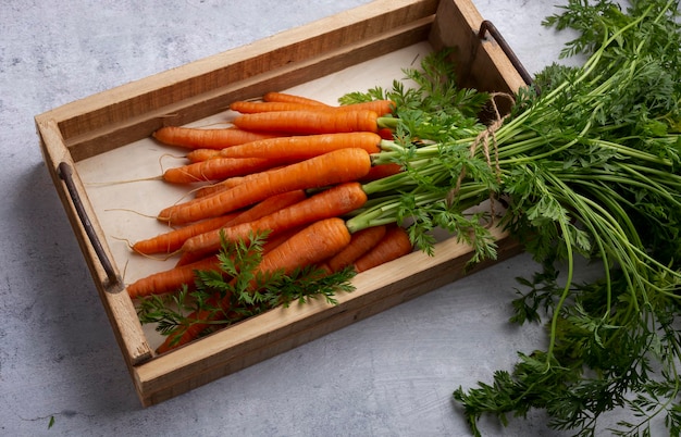 Carota fresca e dolce su una scatola di legno.