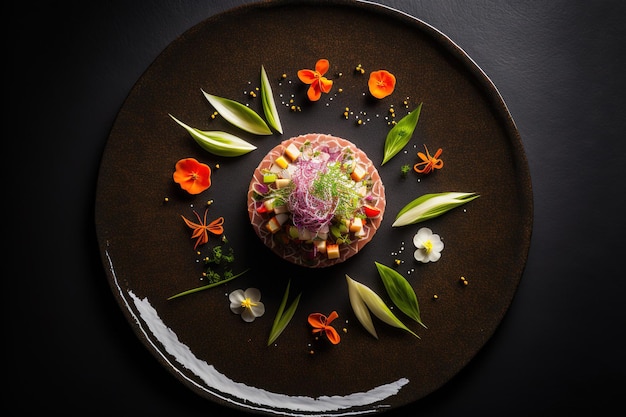 Carote e fiori di insalata di cipolle di manzo crudo sono visti in una vista dall'alto dell'insalata di cerchi di fiori di manzo alla tartara nel raffinato ristorante giapponese su un piatto rotondo verde contro un tavolo nero con sce