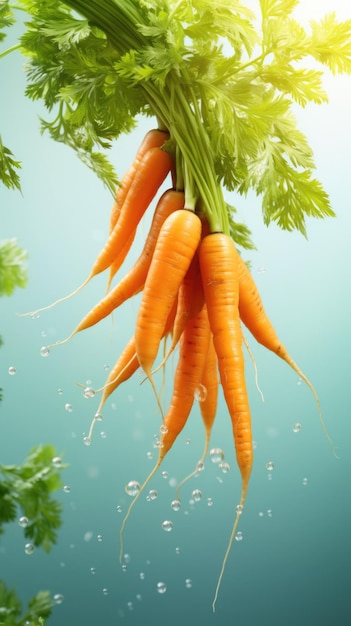 carote fresche con verdure che cadono nell'aria sullo sfondo del cielo