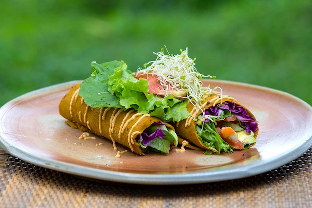 Carote vegane crude e involtino di cumino farcito con lattuga tritata pomodoro avocado spinaci e hummus di zucchine salate Primo piano