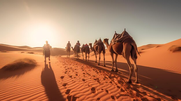 Carovana con un gruppo di turisti che cavalcano cammelli attraverso il deserto di Dubai durante l'avventura safari