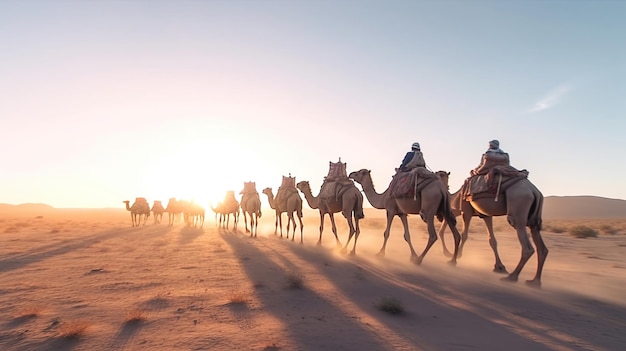 Carovana di cammelli nel deserto all'alba Immagine generata dall'intelligenza artificiale