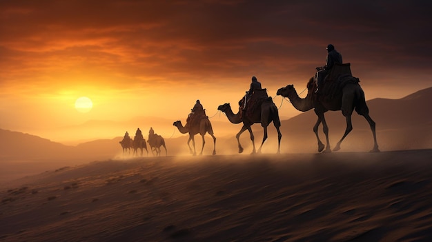 Carovana di cammelli nel deserto all'alba