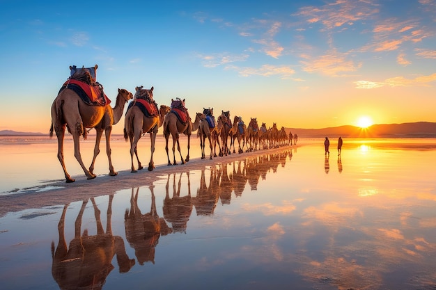 Carovana di cammelli sul lago salato all'alba IA generativa