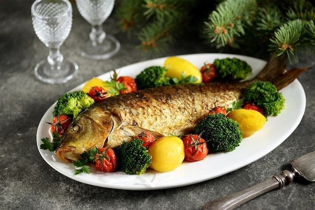 Carpa al forno con patate, pomodorini e broccoli