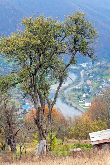 Carpazi (Ucraina, Regione di Zacarpatska, villaggio di Bilyn) vista valle d'autunno.