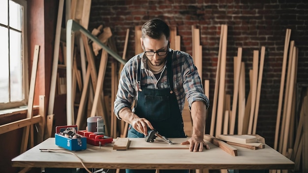 Carpentiere che lavora con attrezzature su un tavolo di legno in un negozio di falegnameria