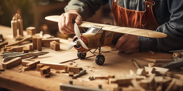 Carpentiere che lavora con il piano su uno sfondo di legno