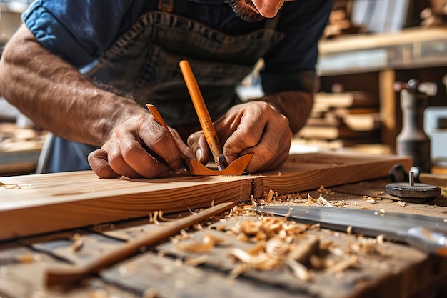 Carpentiere che segna il legno