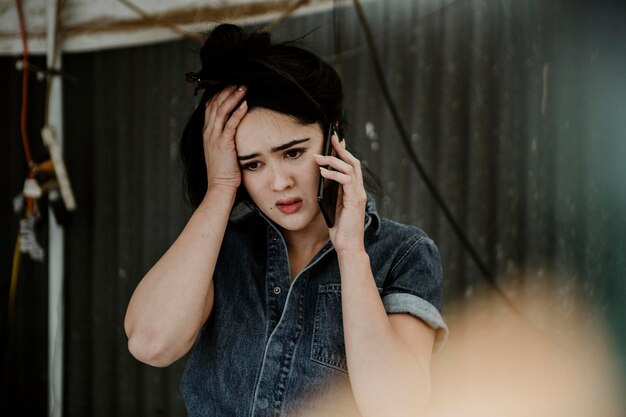 Carpentiere donna che parla al telefono con preoccupazioni