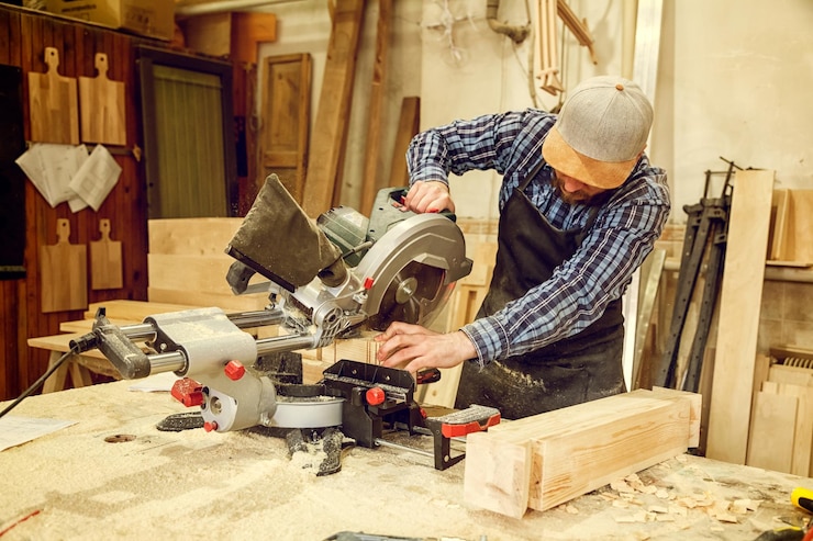 Foto carpentiere in abiti da lavoro e proprietario di una piccola impresa che lavora in un laboratorio di lavorazione del legno