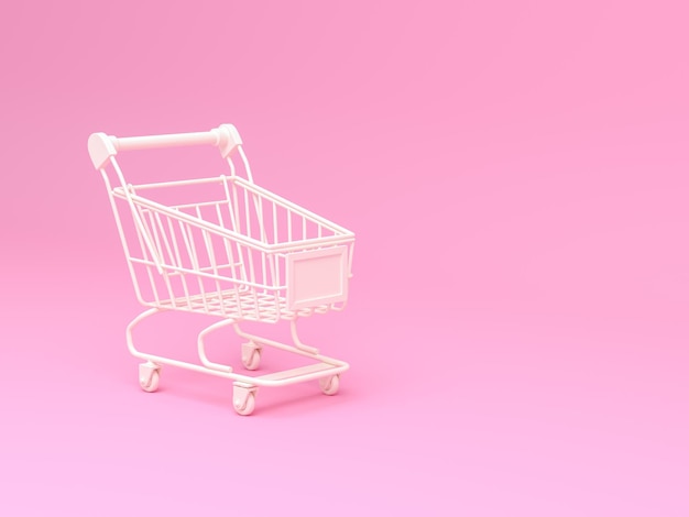 Carrello bianco con illustrazione di rendering 3d su sfondo rosa