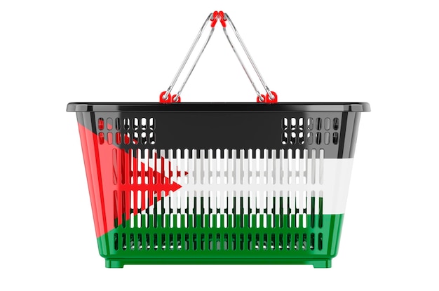 Carrello con bandiera palestinese cesto di mercato o concetto di potere d'acquisto rendering 3D isolato su sfondo bianco