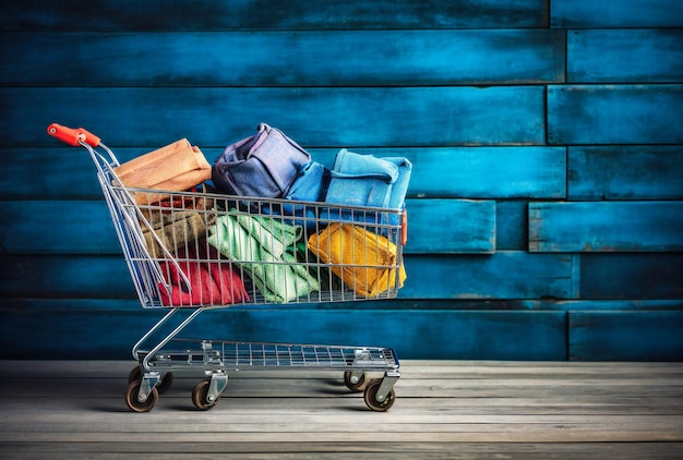 Carrello con colorate borse della spesa su sfondo di legno blu