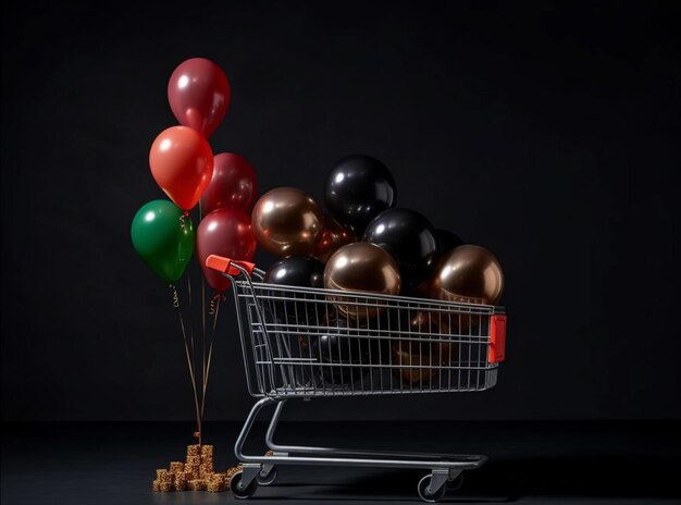 Carrello con palloncini e monete d'oro su sfondo nero Concetto di Black Friday