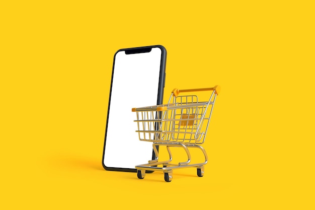 Carrello con schermo vuoto dello smartphone su sfondo giallo Carrello della spesa rendering 3D