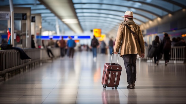 Carrello con valigie e cappello nel terminal dell'aeroporto