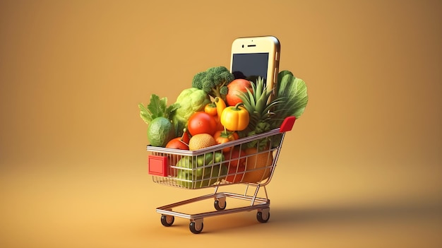 carrello con verdure e smart phone ordine online