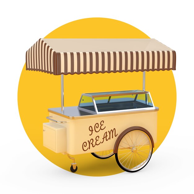 Carrello del carrello del vassoio del gelato su un fondo bianco e giallo. Rendering 3D