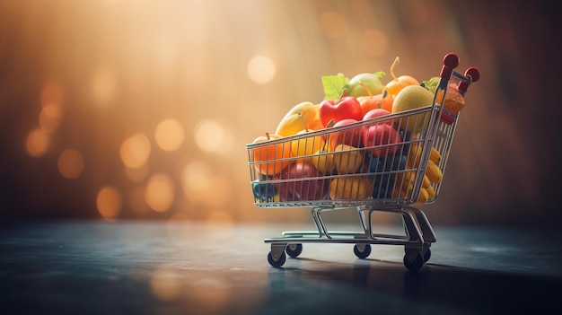 Carrello del supermercato pieno di frutta e verdura con copia spazio