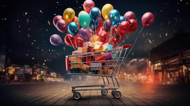 Carrello del supermercato pieno di palloncini colorati
