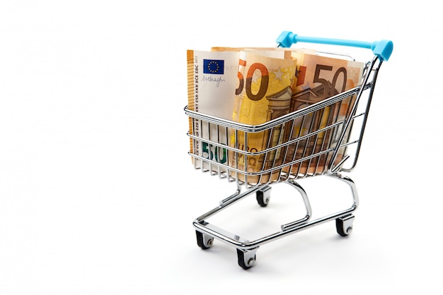 Carrello della drogheria con le euro fatture isolate su bianco. shopping, prestito, risparmio di denaro, pensione, concetto di investimenti