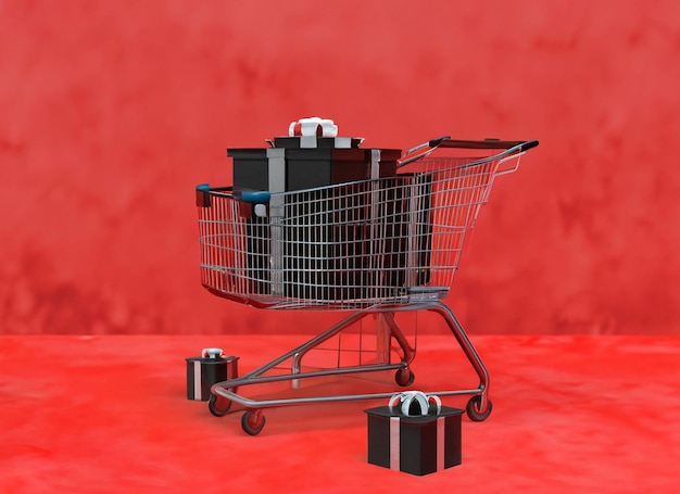 Carrello della spesa 3d con regali con sfondo rosso texture acqua