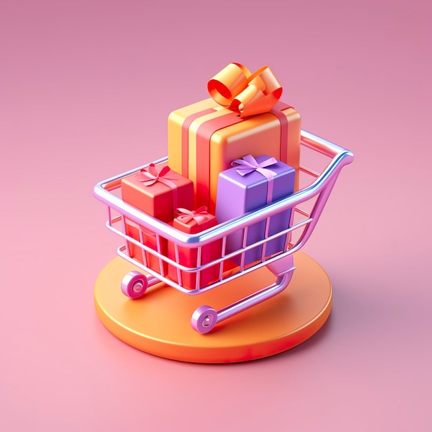 Carrello della spesa arancione chiaro e rosa con icona della confezione regalo AI generativo