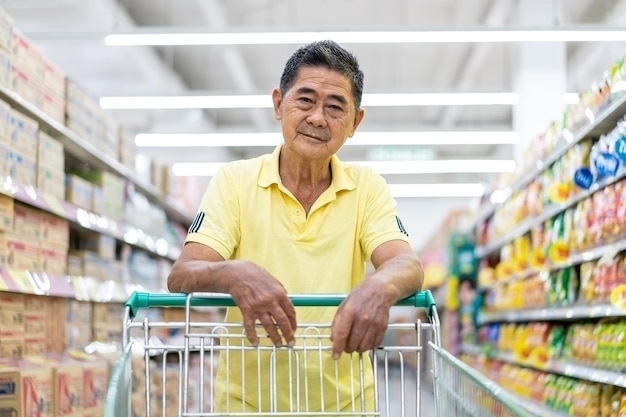 Carrello della spesa asiatico dell'uomo anziano che sceglie altri prodotti nel supermercato