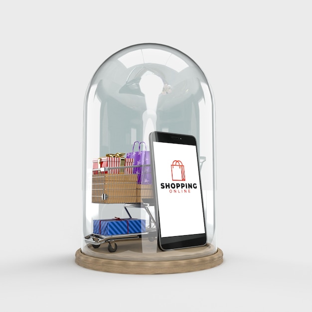 Carrello della spesa, borse per la spesa, confezione regalo, pacchi in una cupola di vetro è un negozio online di internet marketing digitale. Concetto di e-commerce e marketing digitale. Rendering 3d