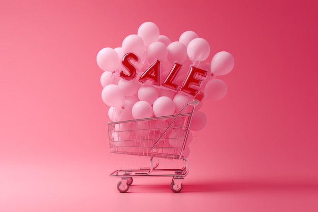 Carrello della spesa con il cartello SALE e palloncini di elio gonfiabili su sfondo rosa Venda Black Friday concetto stagione di acquisto acquisto sconti shopaholic promozione marketing