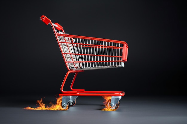 Carrello della spesa con pista antincendio concetto di vendita del venerdì nero in movimento carrello della spesa in fiamme come simbolo di vendita calda velocità e sconto pubblicità del negozio migliore offerta supermercato vendita fast shopping