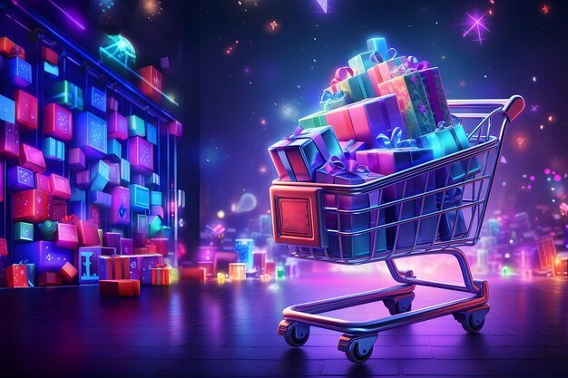 Carrello della spesa con scatole regalo colorate Cyber Monday Concept di vendita Sfondio con spazio di copia