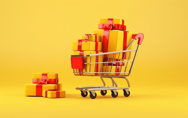 Carrello della spesa con scatole regalo isolate su sfondo giallo